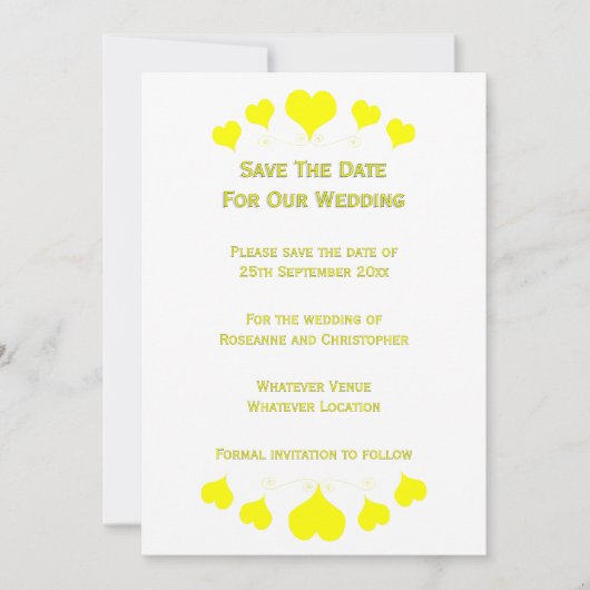 Gelbe Herzen Design-Hochzeit Save The Date (Vorderseite)