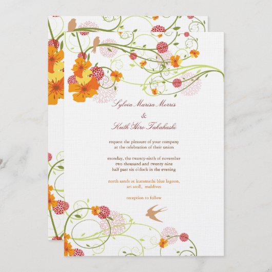 Gelbe Hibisken Wirbel & Schwalben Blumenzehen Einladung (Vorne/Hinten)