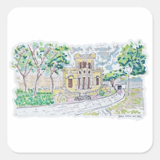 Gelbe historische Villa Quadratischer Aufkleber (Vorderseite)