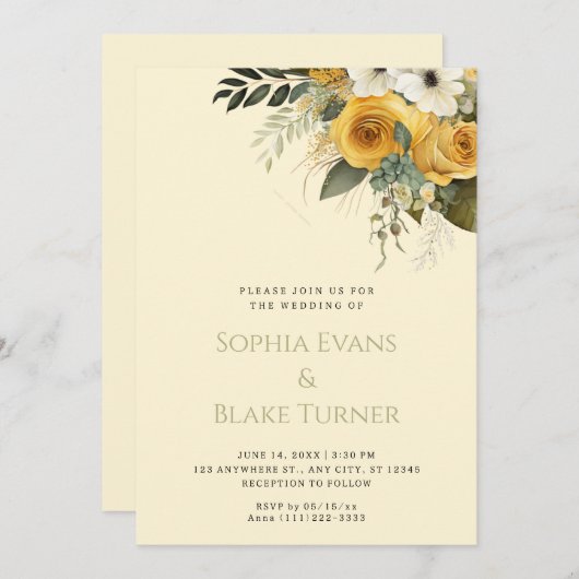 Gelbe Hochzeit in Weiß und Grün Einladung (Vorne/Hinten)