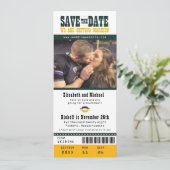 Gelbe Hochzeit retten Datum Fußball Ticket Save The Date (Stehend Vorderseite)
