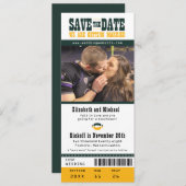 Gelbe Hochzeit retten Datum Fußball Ticket Save The Date (Vorne/Hinten)