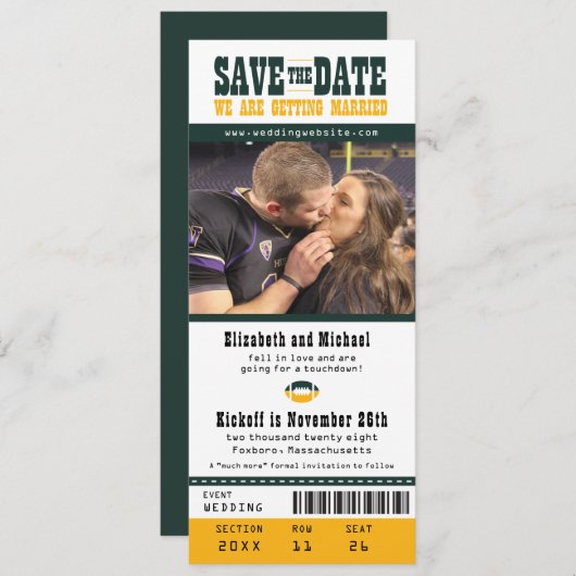 Gelbe Hochzeit retten Datum Fußball Ticket Save The Date (Vorne/Hinten)