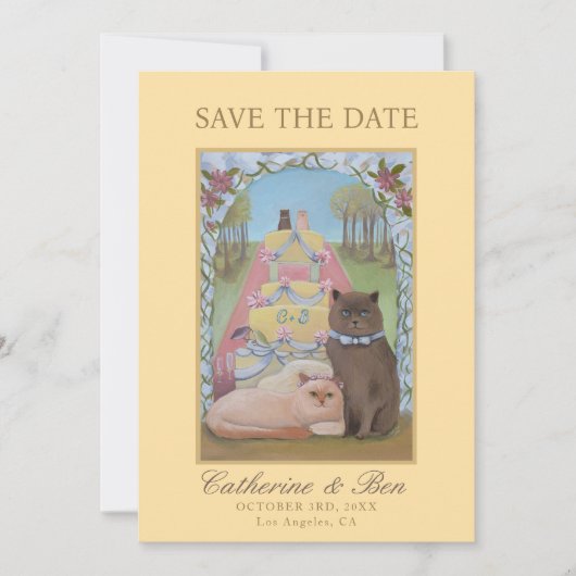 Gelbe Hochzeit rettet das Date Cat Couple Save The Date (Vorderseite)
