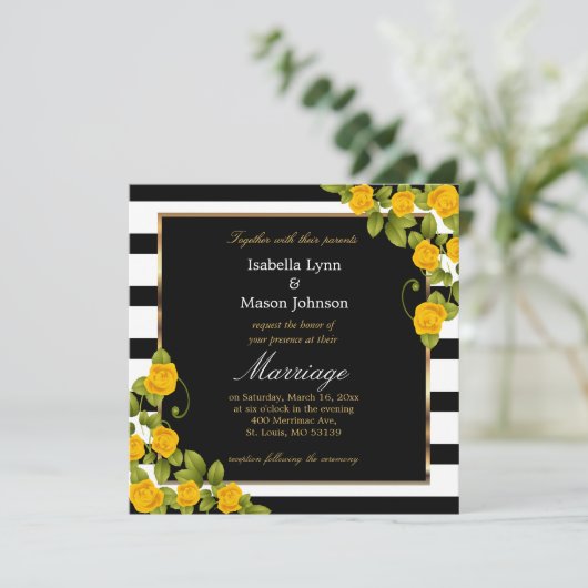 Gelbe Hochzeitsszenen Rose Schwarz-Weiß Streifen Einladung (Stehend Vorderseite)