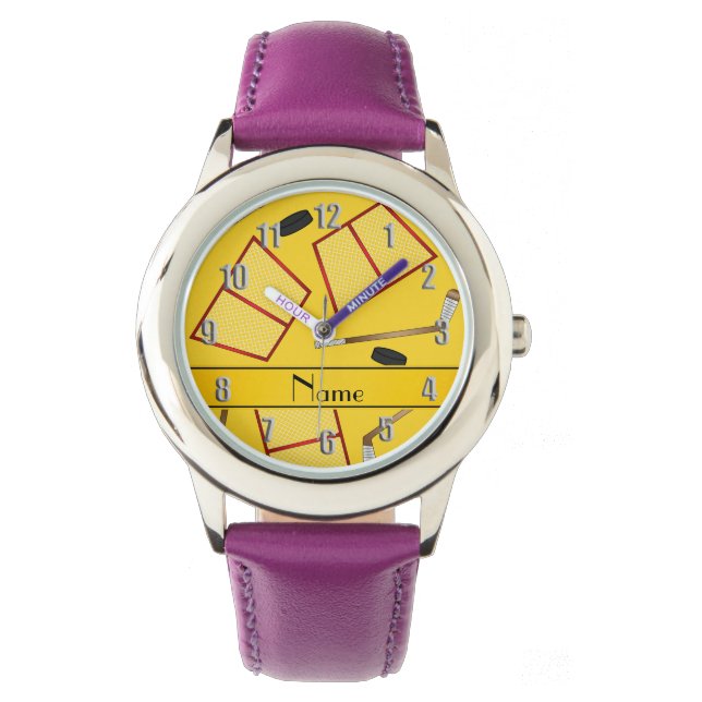 Gelbe Hockeyschläger mit individuelle Name Armbanduhr (Vorderseite)