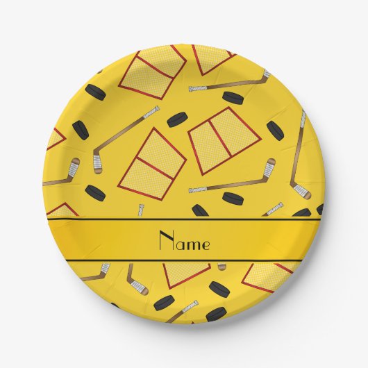 Gelbe Hockeyschläger mit individuelle Name Pappteller (Vorderseite)