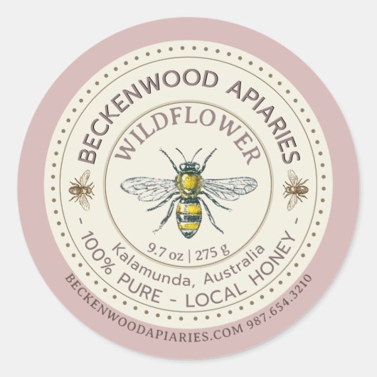Gelbe Honigbiene-Honig-Etikett Imker Rose Border Runder Aufkleber (Vorderseite)