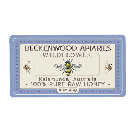 Gelbe Honigbiene Label Apiary Blue Border (Vorne)
