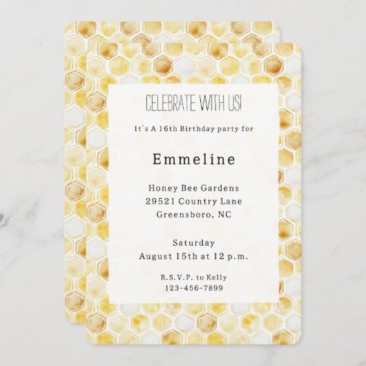 Gelbe Honigwabe Geburtstag Einladung (Vorne/Hinten)