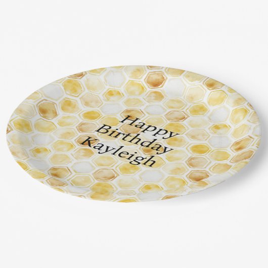 Gelbe Honigwabe Geburtstag Pappteller (Schrägansicht)