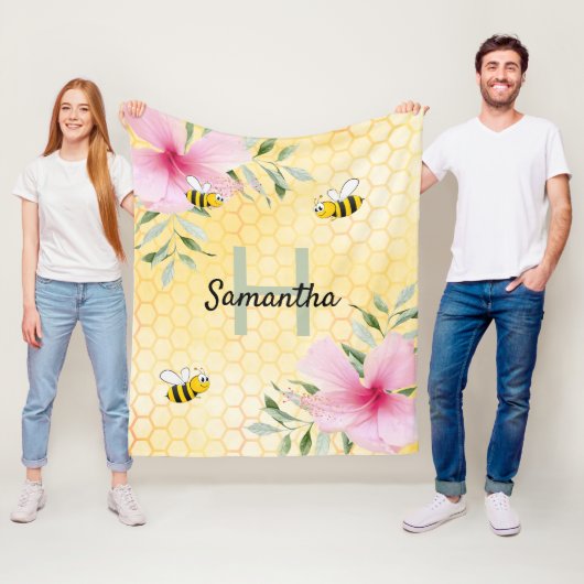 Gelbe Honigwabenbesen Rosa Florale Name monogramm Fleecedecke (Beispiel)