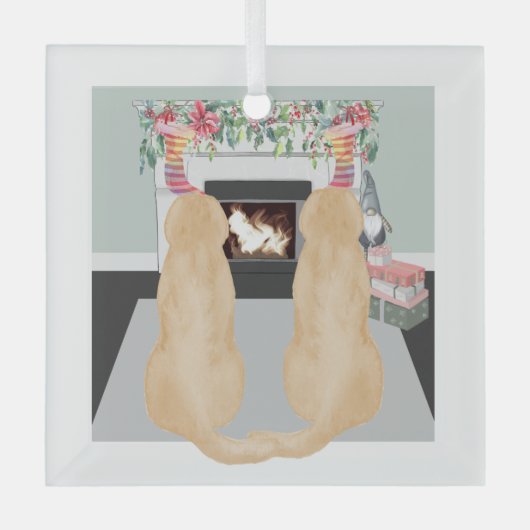 Gelbe Hunde in der Weihnachtsszene Ornament Aus Glas (Vorderseite)