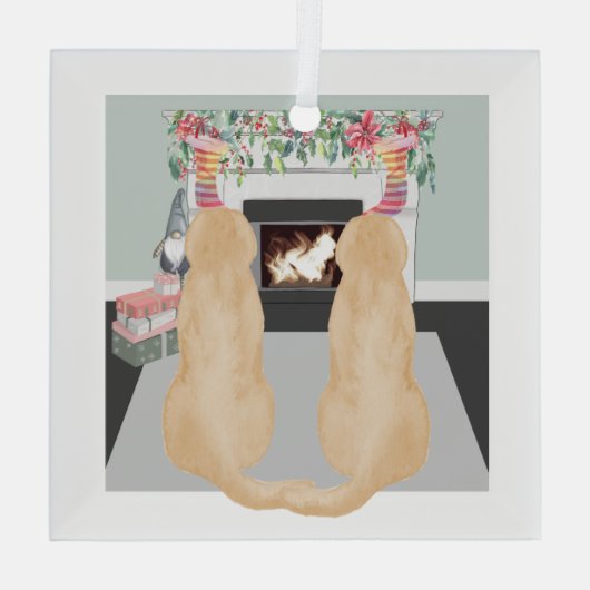 Gelbe Hunde in der Weihnachtsszene Ornament Aus Glas (Rückseite)