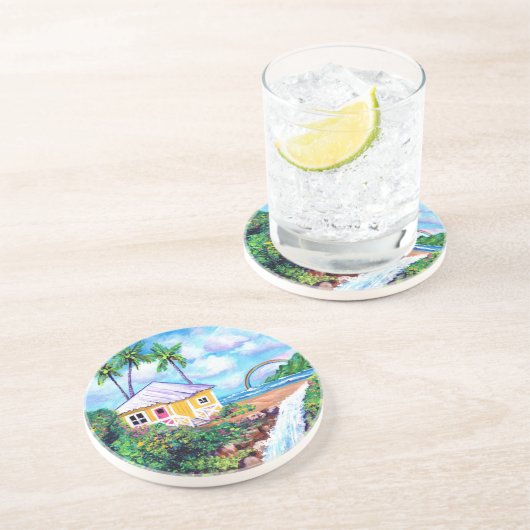 Gelbe Hütte mit Wasserfall Getränkeuntersetzer (Seite)