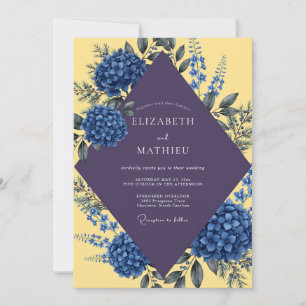 Gelbe Indigo-Hortensien-Eukalyptus-Hochzeit Einladung