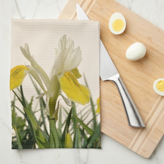 Gelbe Iris auf Creme Geschirrtuch (Viertel Falte)