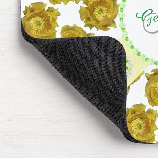 Gelbe Kakteen Blume auf Weiß, Edelsteinen und Perl Mousepad (Ecke)