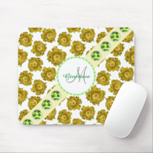 Gelbe Kaktusblüten auf Weiß, Edelsteine und Perlen Mousepad