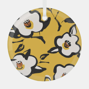 Gelbe Kamelie, skizzenhaft, blumenreich Vintag. Ornament Aus Glas