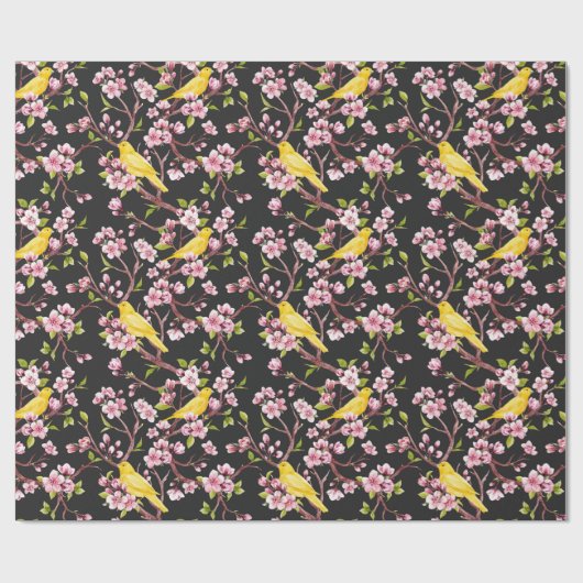 Gelbe Kanaren und Kirschblüten - umhüllende Papa Geschenkpapier (Flach)