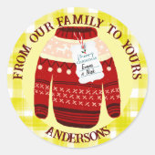 Gelbe Karos Ugly Sweater Namen Frohe Weihnachten Runder Aufkleber (Vorderseite)