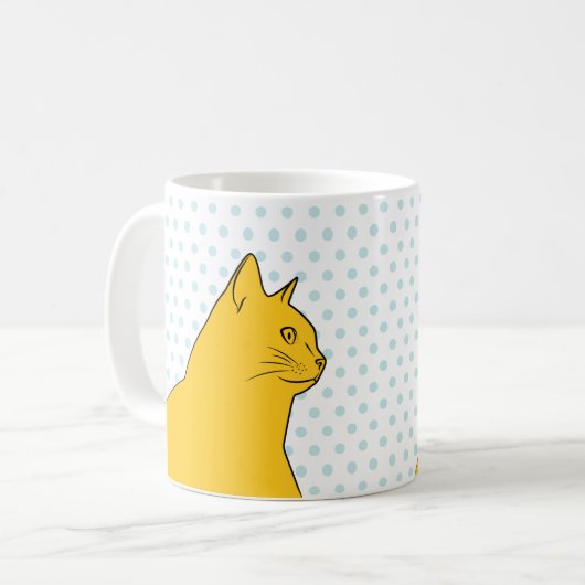 Gelbe Katze, die auf Polkapunkthintergrund Kaffeetasse (Vorderseite Links)