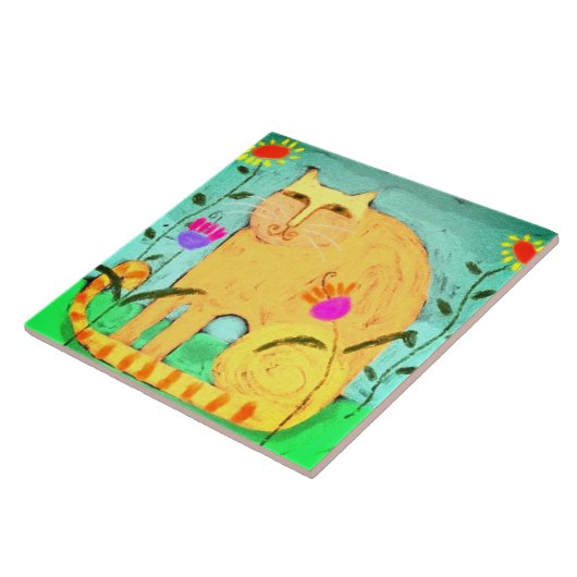 Gelbe Katze im Garten Abstrakte Malerei Fliese (Seite)