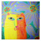 Gelbe Katze mit Abstrakten Blume Fliese (Vorderseite)