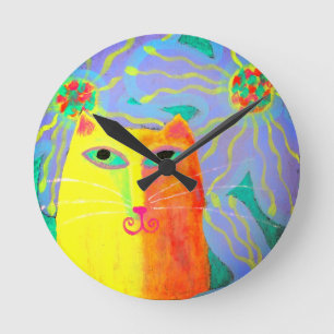 Gelbe Katze mit Blume Abstrakt Art Runde Wanduhr