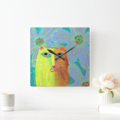 Gelbe Katze mit Blume Abstrakte Art Rundschau Quadratische Wanduhr (Zuhause)