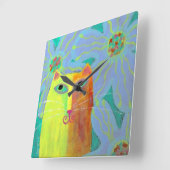 Gelbe Katze mit Blume Abstrakte Art Rundschau Quadratische Wanduhr (Winkel)