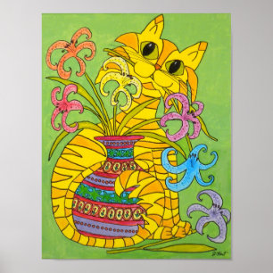 Gelbe Katze mit Lilien-Vase Poster