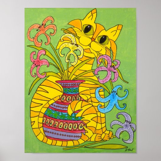 Gelbe Katze mit Lilien-Vase Poster (Vorne)