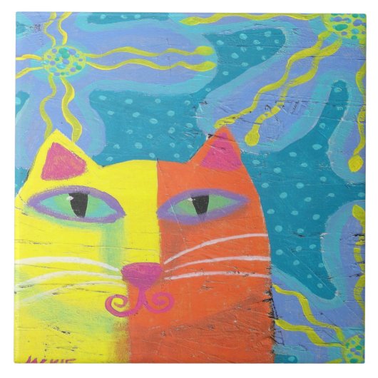 Gelbe Katze mit violetten Blumen Abstrakte Malerei Fliese (Vorderseite)