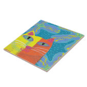 Gelbe Katze mit violetten Blumen Abstrakte Malerei Fliese (Seite)