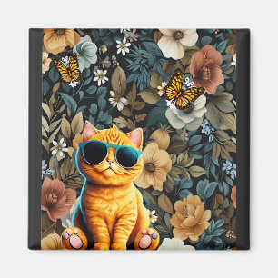 Gelbe Katze und Schmetterlinge im Blumenhintergrun Magnet