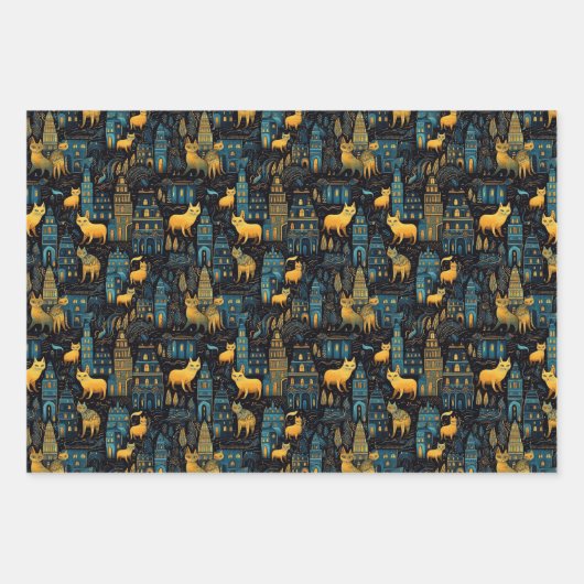 Gelbe Katzen in der Stadtnacht Kunst Geschenkpapier Set (Vorderseite 2)
