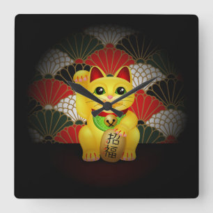 Gelbe Keramik Maneki Neko Quadratische Wanduhr