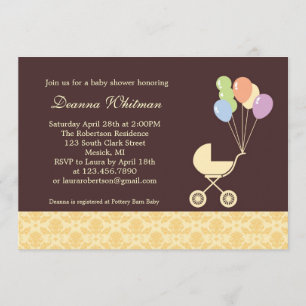 Gelbe Kinderwagen mit Ballons Baby Shower Einladung