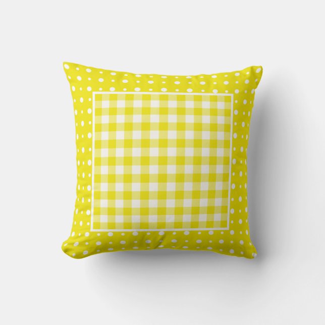 Gelbe Kissen oder Polster, Tupfen und Gingham (Vorderseite)