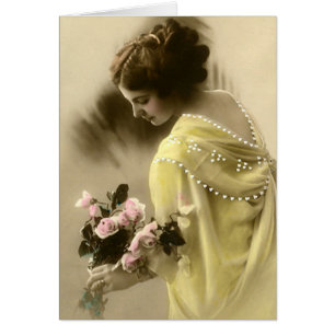 Gelbe Kleid- und Rosen-Karte