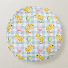 Gelbe Küken und Eier auf blauem Gingham-Muster Rundes Kissen
