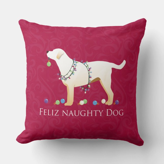 gelbe Labrador Christmas Feliz Naughty Dog Kissen (Vorderseite)