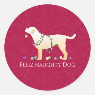 Gelbe Labrador Christmas Feliz Naughty Dog Runder Aufkleber