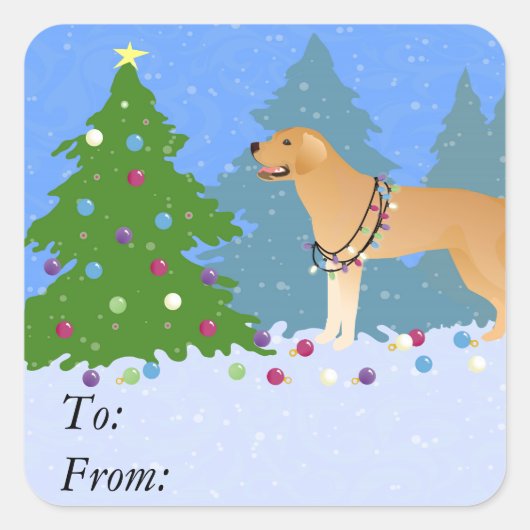 Gelbe Labrador im Wald Dekorieren Weihnachtsbaum Quadratischer Aufkleber (Vorderseite)