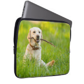 Gelbe Labrador-Plays mit Stick Laptopschutzhülle (Vorne Rechts)