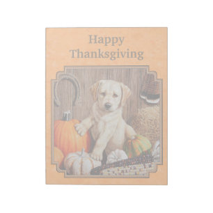 Gelbe Labrador Pup und Pumpkin Harvest Orange Notizblock