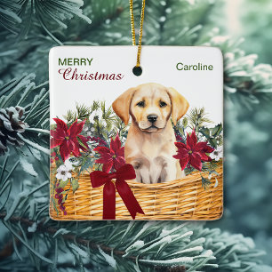 Gelbe Labrador Puppy Poinsettia Weihnachtskorb Keramikornament