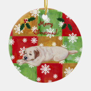 Gelbe Labrador-Weihnachtsmosaik-Schneeflocke Keramikornament